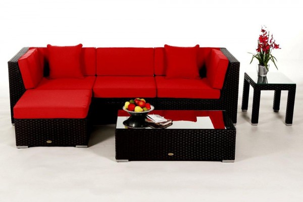 Alicia Rattan Lounge black - cushion cover set red